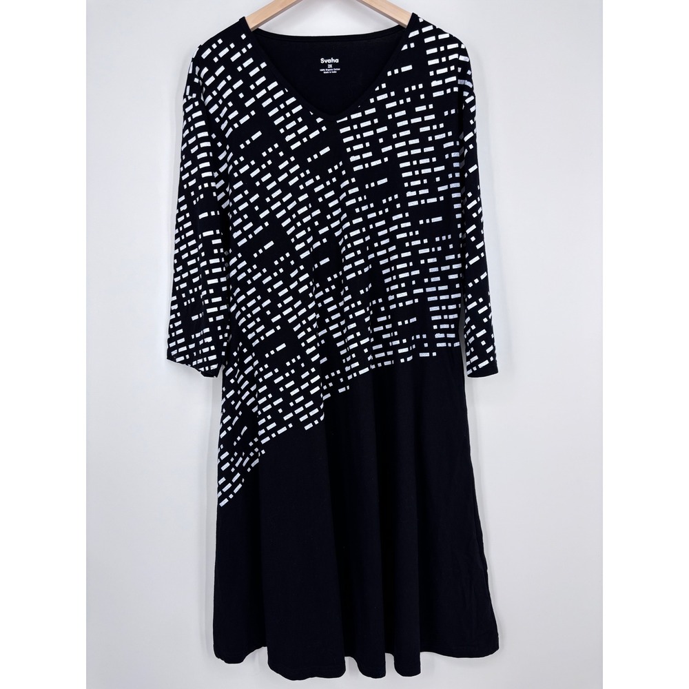 Svaha Black & White Midi Dress with Geometric Print